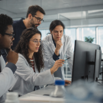 Equipe de pesquisa analisa dados em computador durante avaliação ética do uso de inteligência artificial em estudos científicos