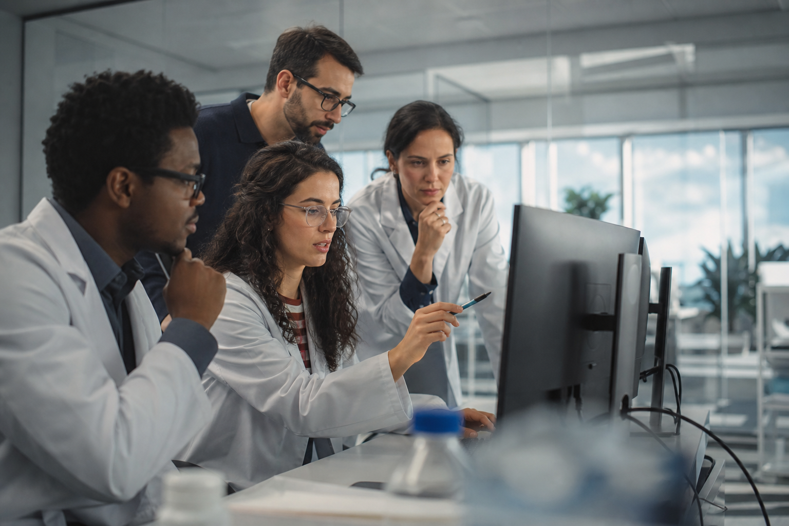 Equipe de pesquisa analisa dados em computador durante avaliação ética do uso de inteligência artificial em estudos científicos