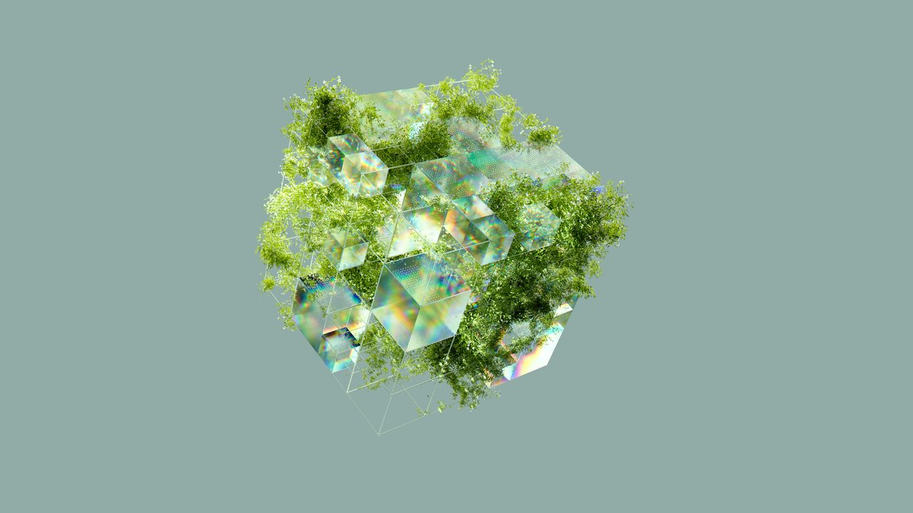 Cubo digital entrelaçado a folhagens verdes, simbolizando a relação entre inteligência artificial e sustentabilidade.