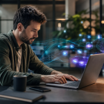 Pessoa desenvolvendo um aplicativo com auxílio de inteligência artificial em um ambiente de trabalho digital, sem textos ou logotipos visíveis
