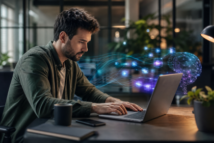 Pessoa desenvolvendo um aplicativo com auxílio de inteligência artificial em um ambiente de trabalho digital, sem textos ou logotipos visíveis