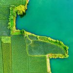 Vista aérea de áreas agrícolas coloridas ao lado de um corpo d’água em Rumpin, na Indonésia.