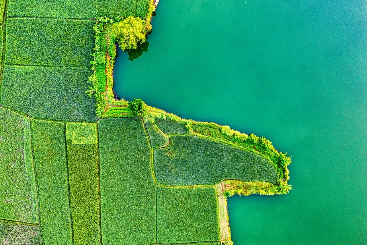 Vista aérea de áreas agrícolas coloridas ao lado de um corpo d’água em Rumpin, na Indonésia.