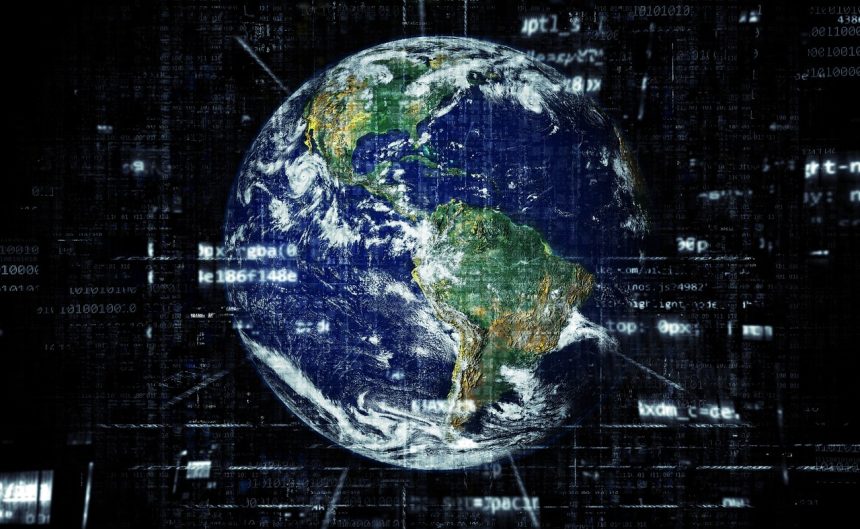 Ilustração digital do planeta Terra envolto por conexões de rede e fluxos de dados.
