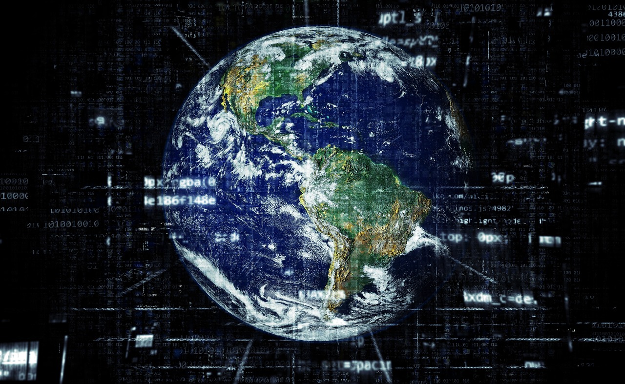Ilustração digital do planeta Terra envolto por conexões de rede e fluxos de dados.